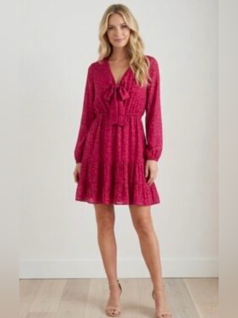 Bar III Berry Pink Tie-Neck Long Sleeve Mini Dress